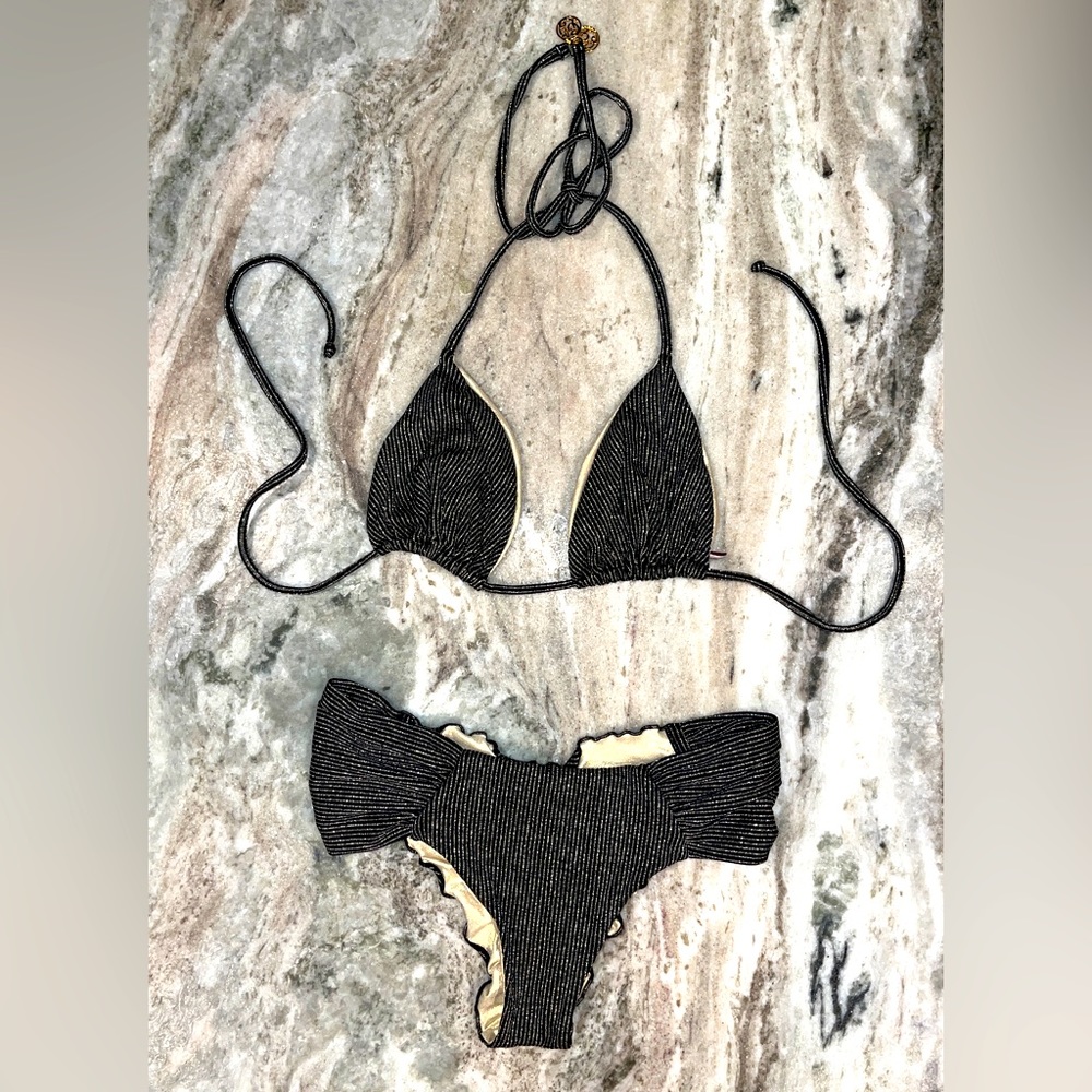 Luli Fama Black and Gold Pinstriped Bikini
